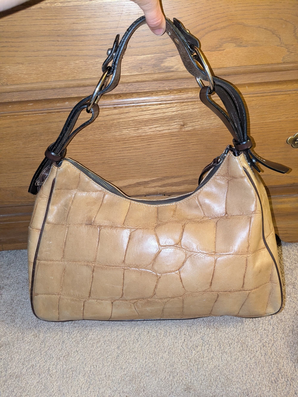 Dooney & Bourke Tan Croc-Embossed Shoulder Bag with Dark Brown Trim - Picture 3 of 11